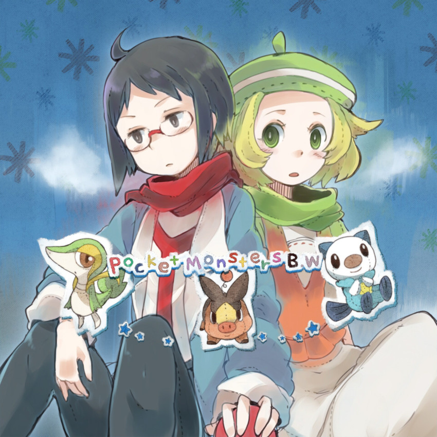 oshawott, snivy, bianca, tepig, and cheren (pokemon and 1 more) drawn by chachi_(azuzu)