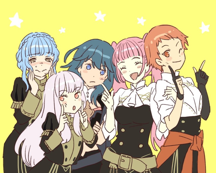 female byleth, hilda valentine goneril, lysithea von ordelia, marianne von edmund, and leonie pinelli (fire emblem and 1 more) drawn by asao_(vc)