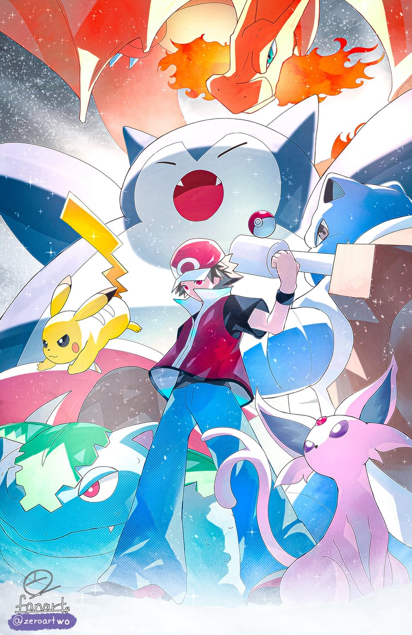 pikachu, red, charizard, espeon, snorlax, and 2 more (pokemon and 1 more) drawn by zeroartwo