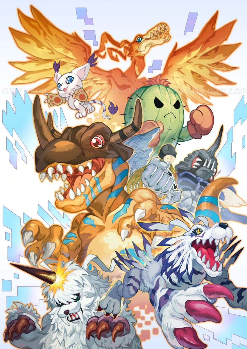 tailmon, greymon, angemon, togemon, garurumon, and 3 more (digimon) drawn by currynoodle_art