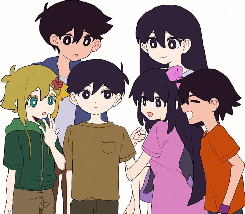 sunny, basil, aubrey, kel, mari, and 1 more (omori) drawn by tokkooyaku
