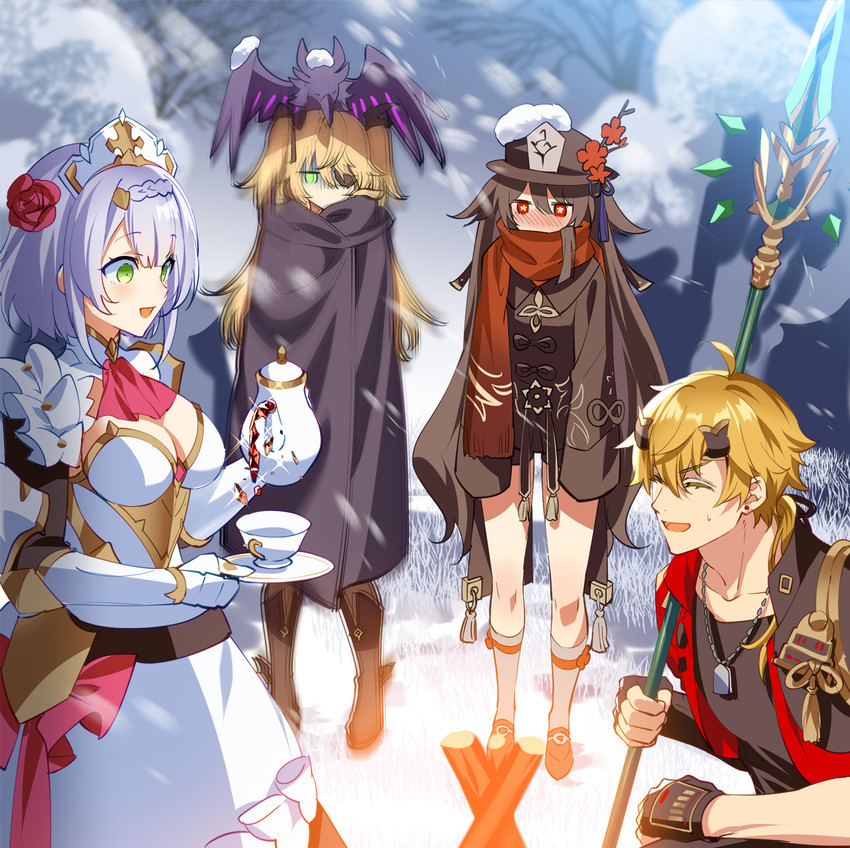 hu tao, fischl, noelle, thoma, and oz (genshin impact) drawn by murakami_yuichi