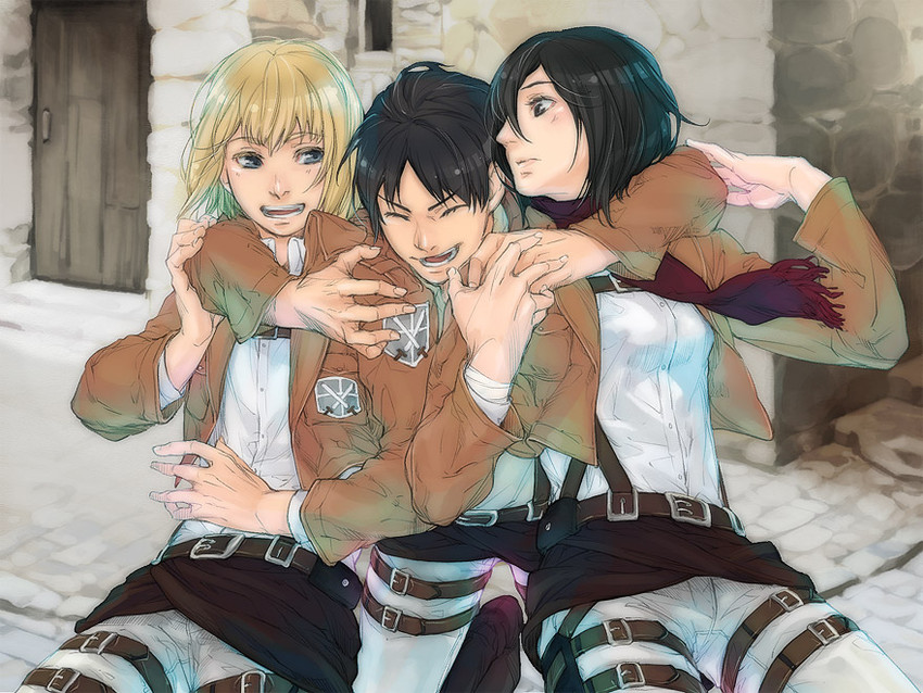 mikasa ackerman, eren yeager, and armin arlert (shingeki no kyojin) drawn by kunihara