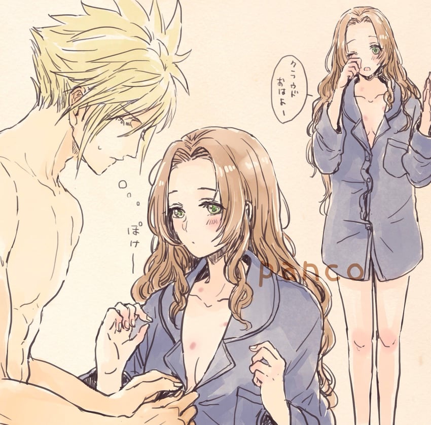 cloud strife and aerith gainsborough (final fantasy and 2 more) drawn by ancotsubu