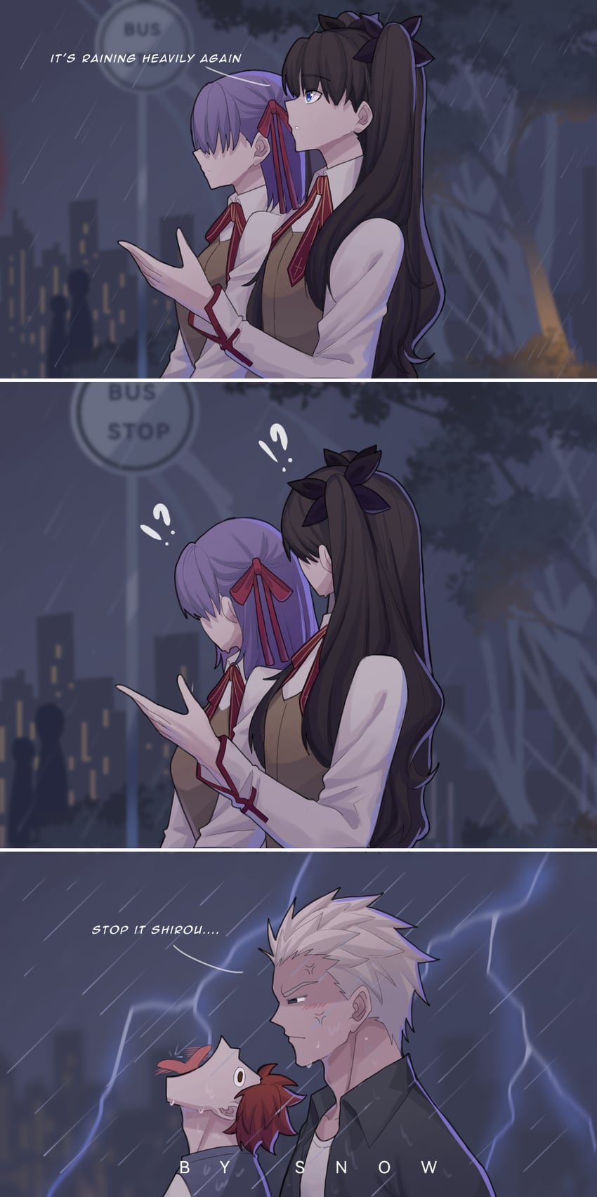 tohsaka rin, emiya shirou, matou sakura, and archer (fate and 1 more) drawn by suhyeon