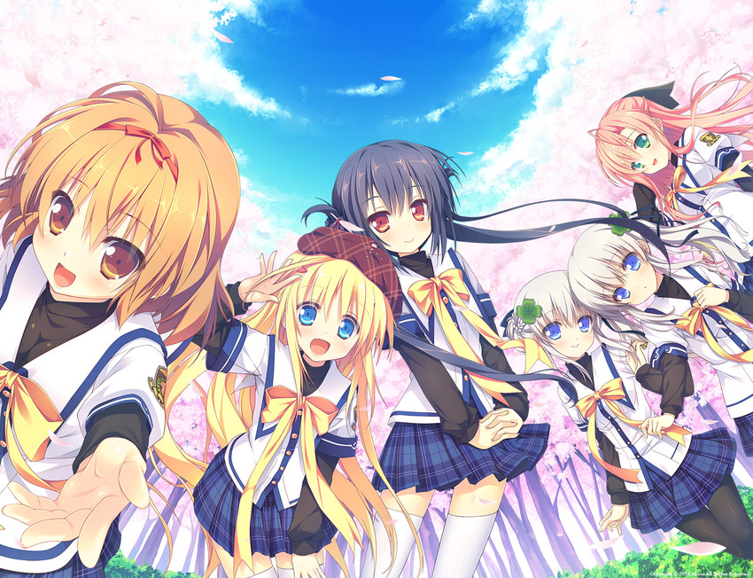 takakura anzu, takakura anri, kagami hekiru, rindo tsubame, yuibashi izumi, and 1 more (clover days) drawn by aona_masao, chikotam, narumi_yuu_(bunbukudou), and nimura_yuuji