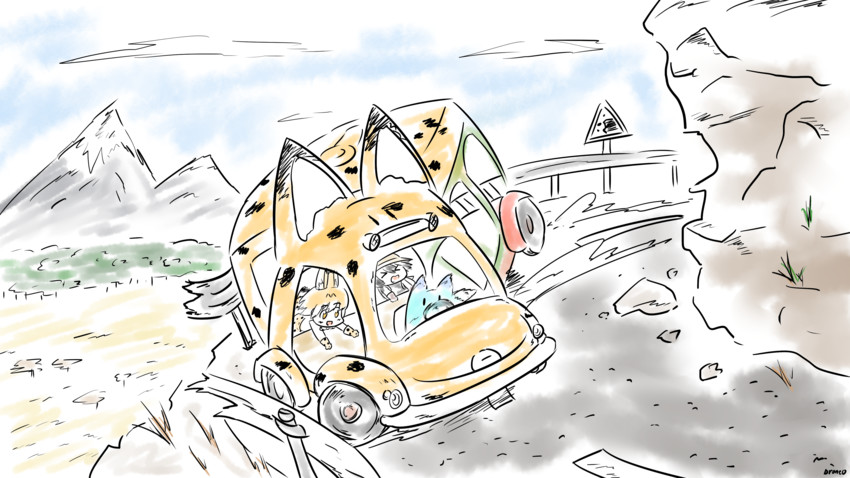 serval, kaban, and lucky beast (kemono friends) drawn by drone0