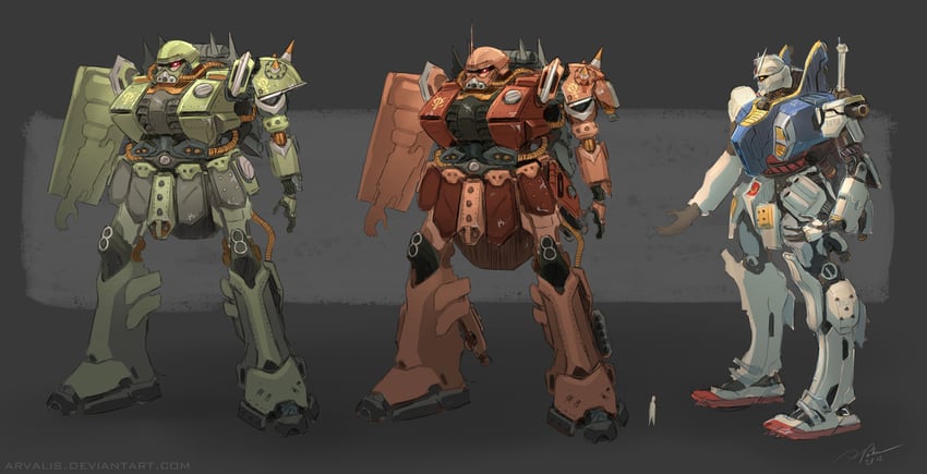 rx-78-2 gundam, zaku ii, and zaku ii s char custom (gundam and 1 more) drawn by arvalis