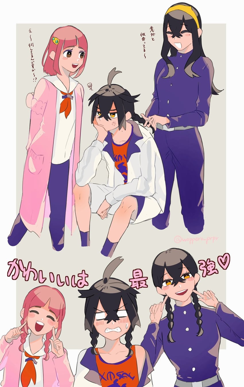 kieran, carmine, and lacey (pokemon and 1 more) drawn by woppero_prpr