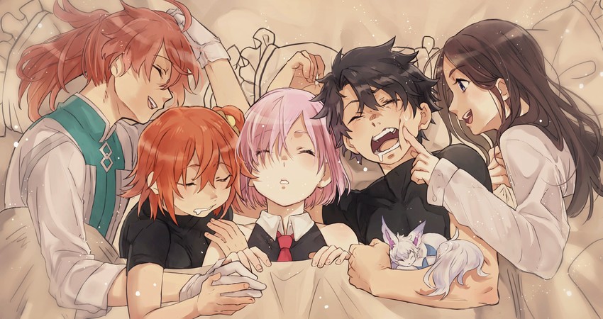 mash kyrielight, fujimaru ritsuka, fou, leonardo da vinci, and romani archaman (fate and 1 more) drawn by bun_(lv1_bun)