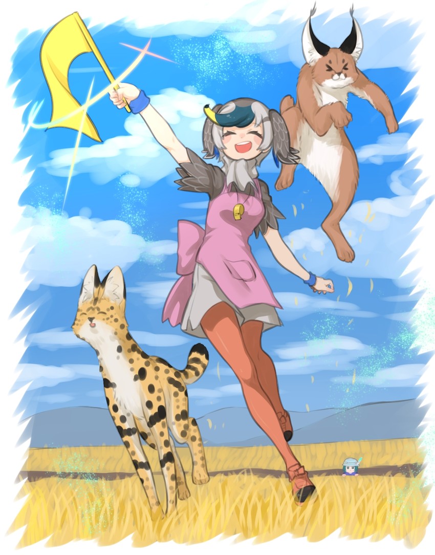 serval, caracal, kyururu, and spot-billed duck (kemono friends and 1 more) drawn by notora