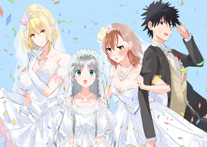 misaka mikoto, shokuhou misaki, kamijou touma, and index (toaru majutsu no index) drawn by nmdsk