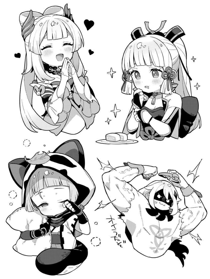 paimon, kamisato ayaka, sangonomiya kokomi, and sayu (genshin impact) drawn by moyori