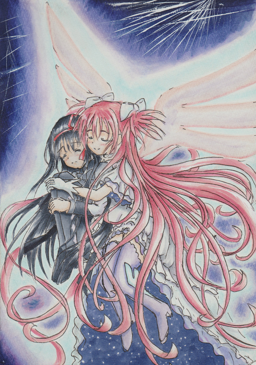 akemi homura, kaname madoka, and ultimate madoka (mahou shoujo madoka magica) drawn by tatsutama