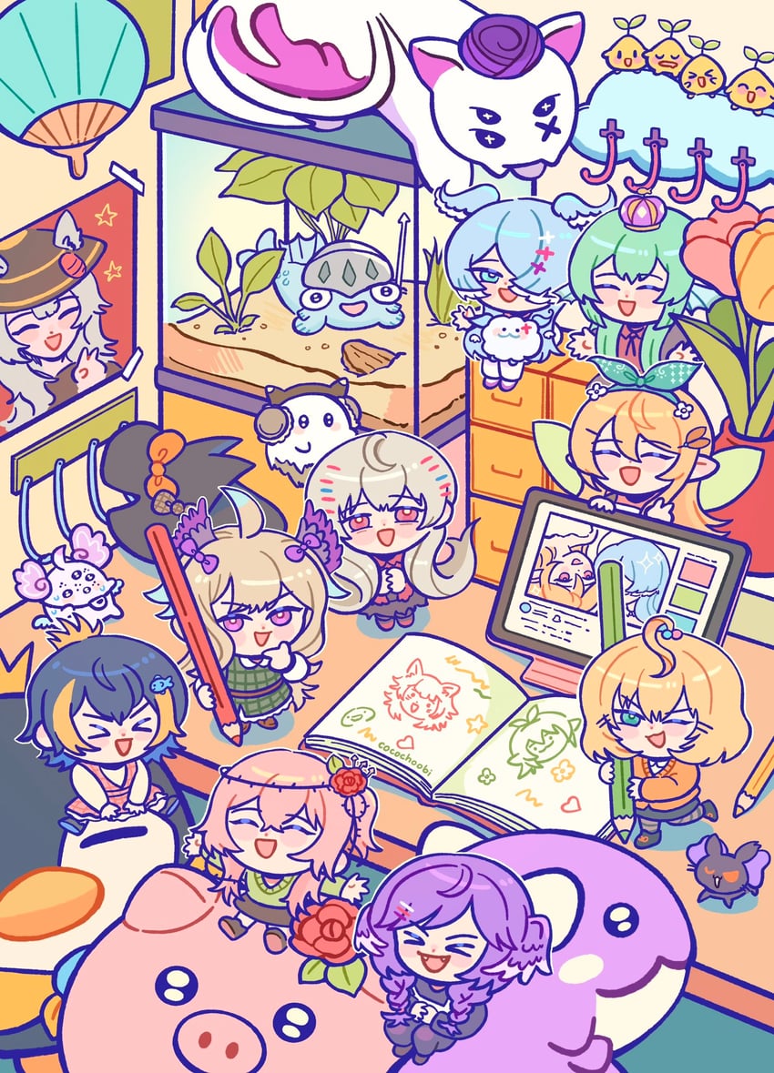 elira pendora, selen tatsuki, pomu rainpuff, enna alouette, finana ryugu, and 14 more (nijisanji and 1 more) drawn by choon_(cocochoobi)