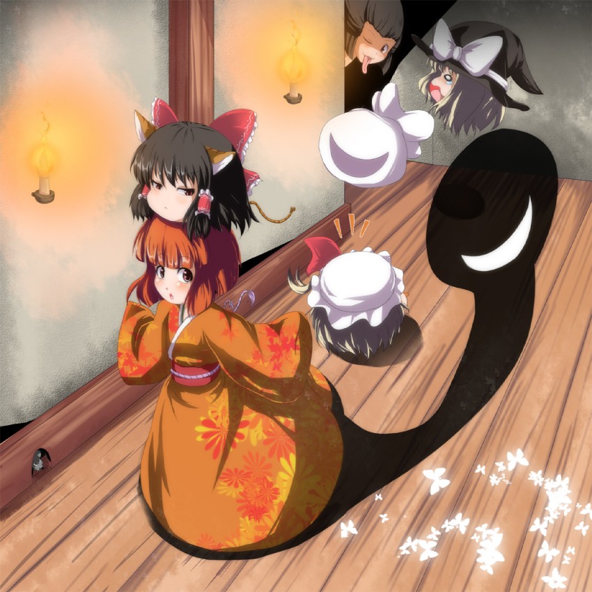 hakurei reimu, kirisame marisa, flandre scarlet, warai bukuro, heroine, and 1 more (touhou and 1 more) drawn by meracle