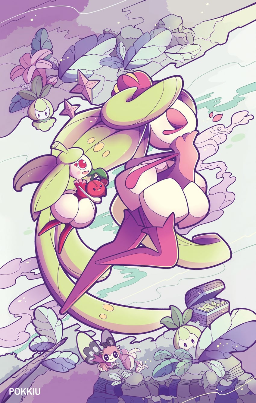 tsareena, ribombee, petilil, steenee, and cherubi (pokemon) drawn by pokkiu