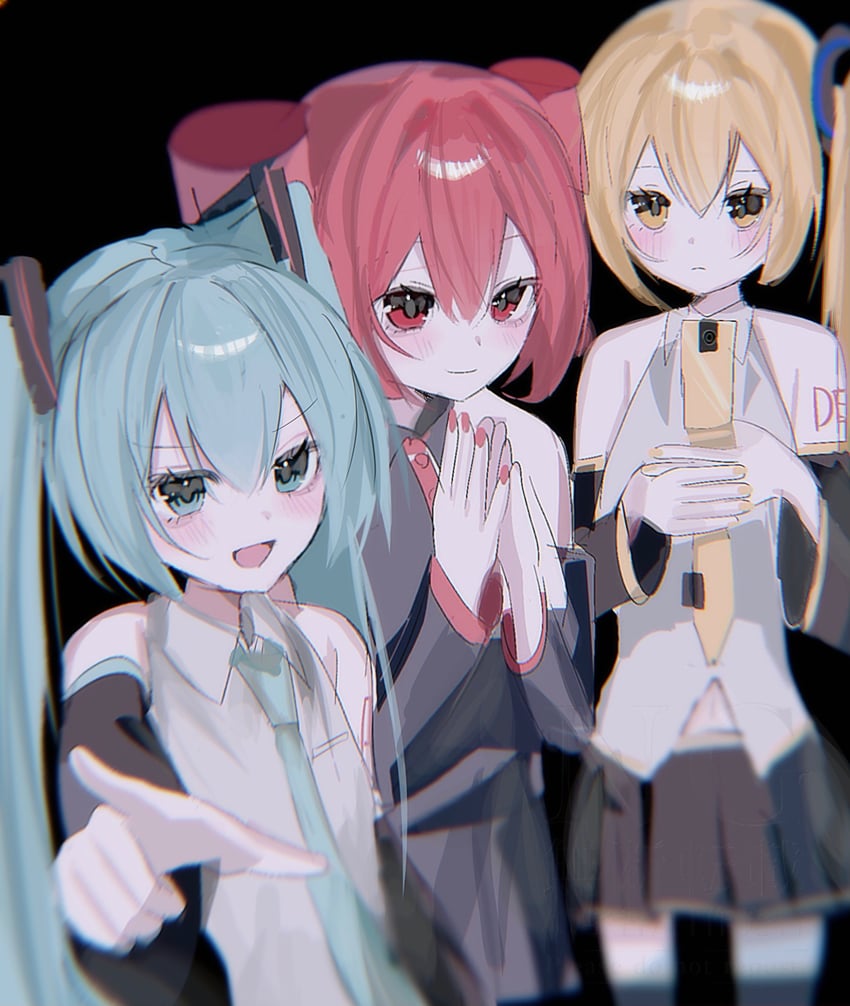 hatsune miku, kasane teto, and akita neru (vocaloid and 2 more) drawn by hiiragi_xoxo
