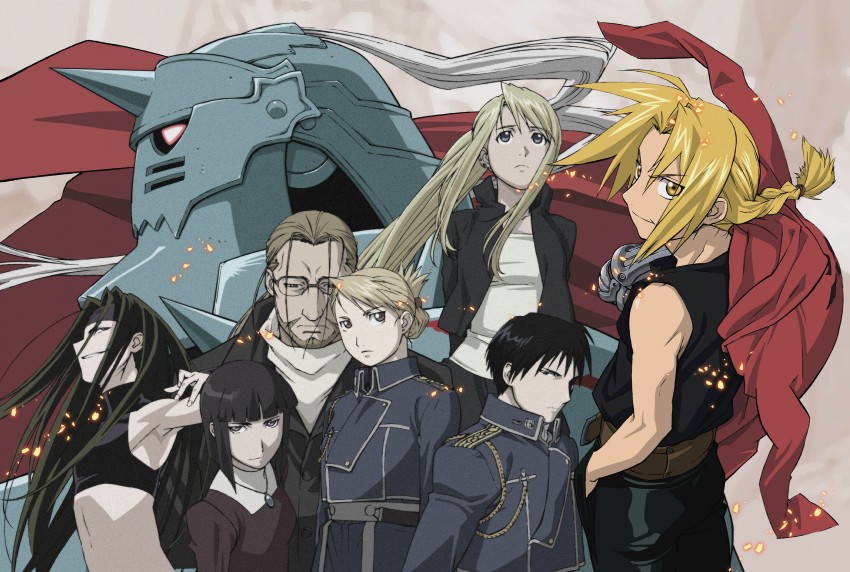 edward elric, alphonse elric, winry rockbell, riza hawkeye, roy mustang, and 3 more (fullmetal alchemist) drawn by itou_yoshiyuki