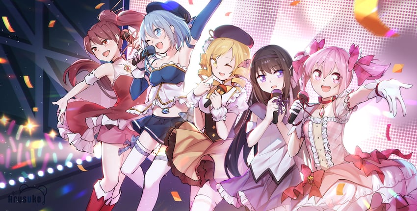 akemi homura, kaname madoka, miki sayaka, sakura kyoko, and tomoe mami (mahou shoujo madoka magica) drawn by arusuko