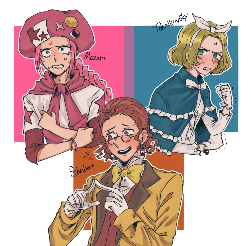 wolfgang amadeus mozart, franz schubert, and pyotr illyich tchaikovsky (classicaloid) drawn by hanpa_(user_cspa4528)