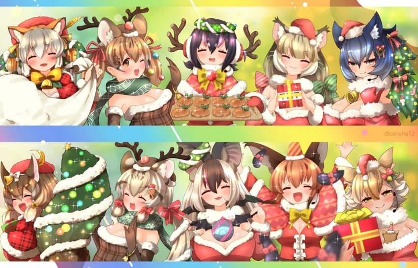 island fox, humboldt penguin, caracal, brown long-eared bat, coyote, and 5 more (kemono friends and 1 more) drawn by coroha