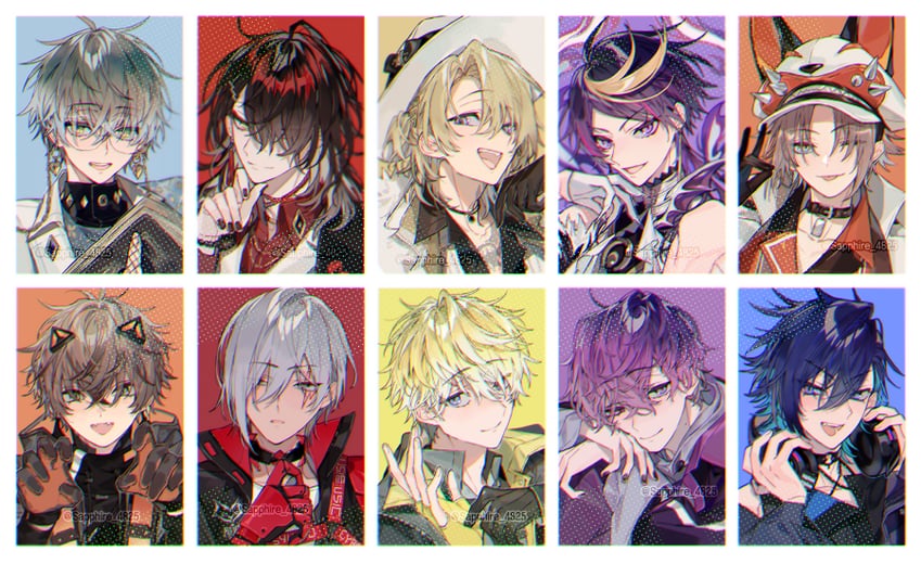 ike eveland, vox akuma, luca kaneshiro, shu yamino, mysta rias, and 5 more (nijisanji and 1 more) drawn by sapphire_(nine)