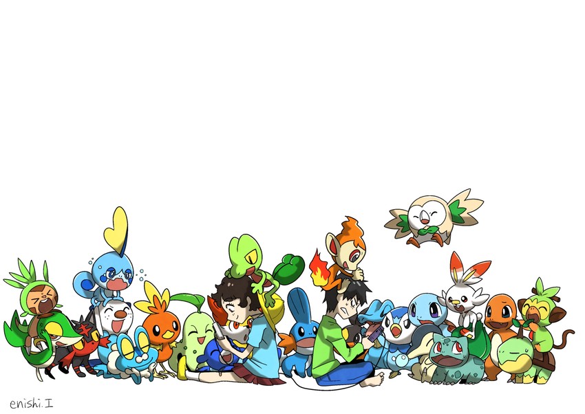 rowlet, piplup, bulbasaur, scorbunny, oshawott, and 21 more (pokemon and 1 more) drawn by yukari_(yukari21653710)