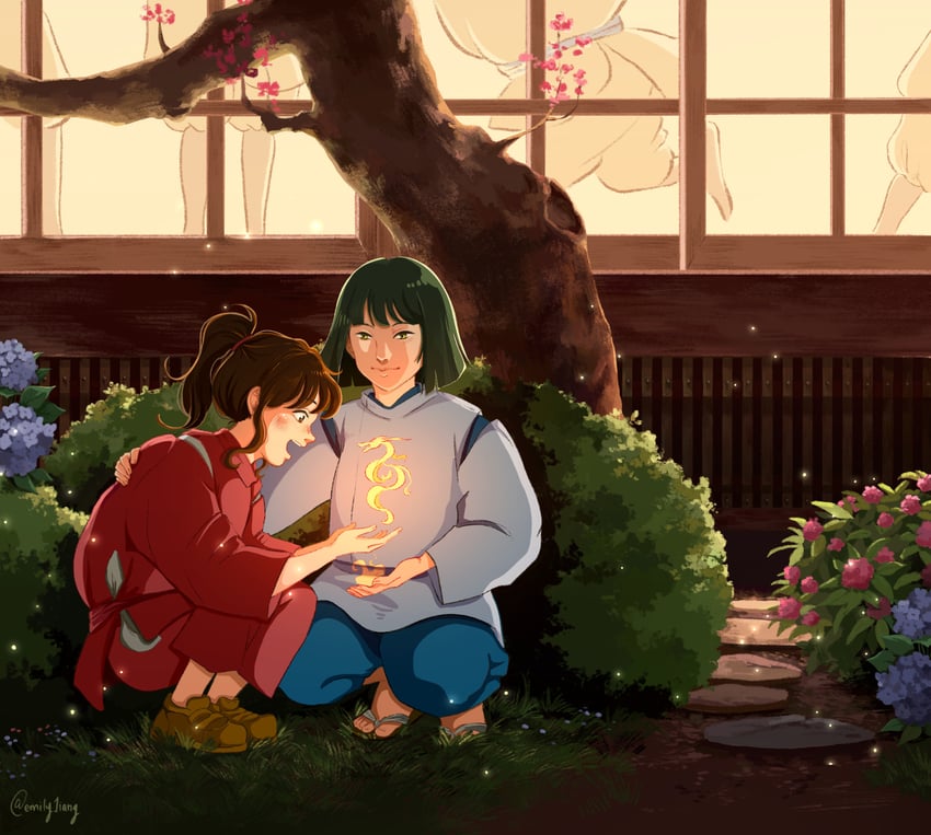ogino chihiro and haku (studio ghibli and 1 more) drawn by emily_1iang
