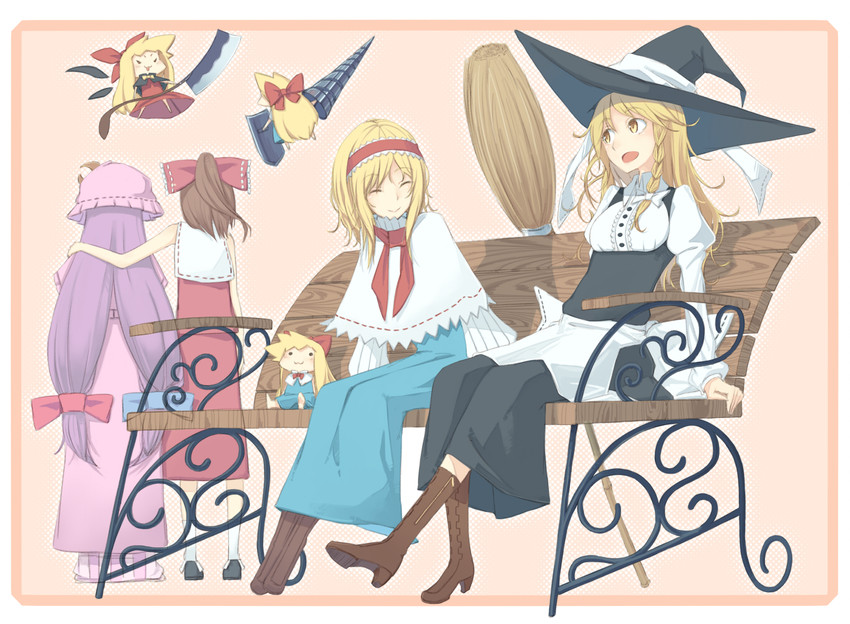 hakurei reimu, kirisame marisa, alice margatroid, patchouli knowledge, shanghai doll, and 1 more (touhou) drawn by hayashi_kewi