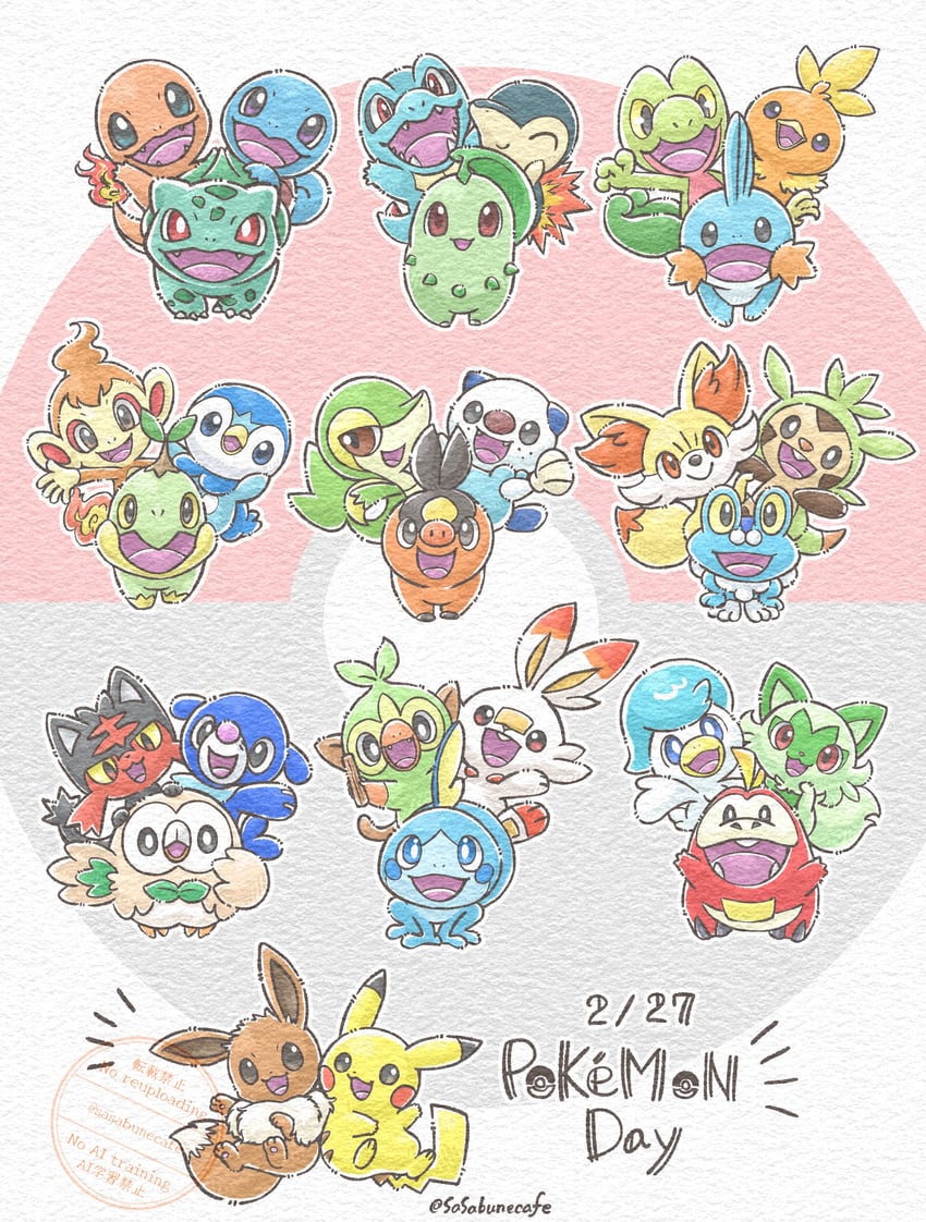 pikachu, eevee, rowlet, piplup, bulbasaur, and 24 more (pokemon) drawn by sasabunecafe