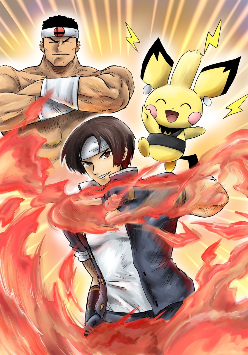 pichu, kusanagi kyou, nikaidou benimaru, and daimon gorou (pokemon and 1 more) drawn by kicdon