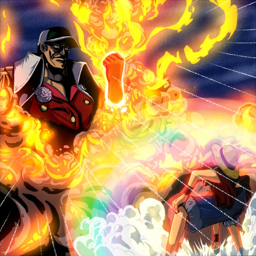 monkey d. luffy and sakazuki (one piece) drawn by kanai_makoto_(kanaman7)