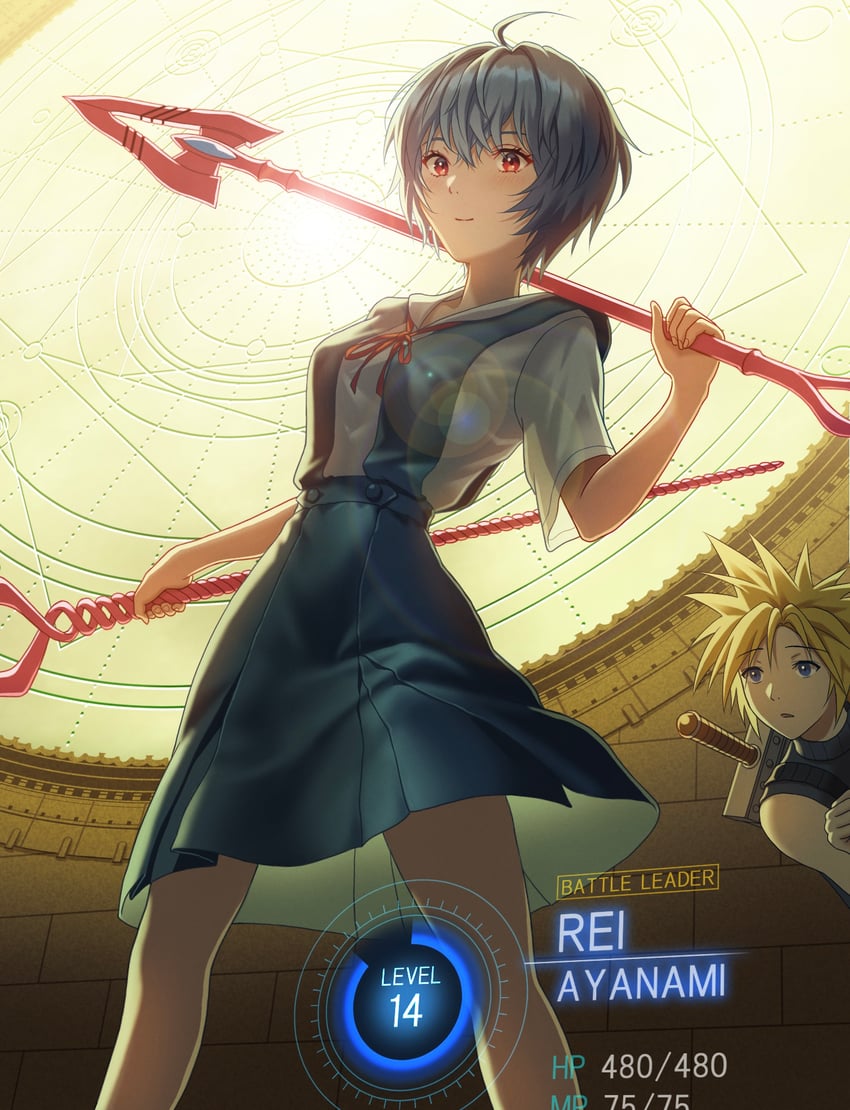 cloud strife and ayanami rei (final fantasy and 4 more) drawn by yahha