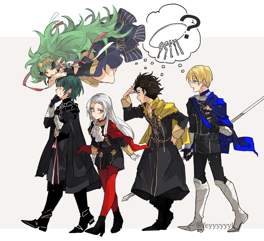 edelgard von hresvelg, dimitri alexandre blaiddyd, male byleth, claude von riegan, and sothis (fire emblem and 1 more) drawn by feyyyyyyk
