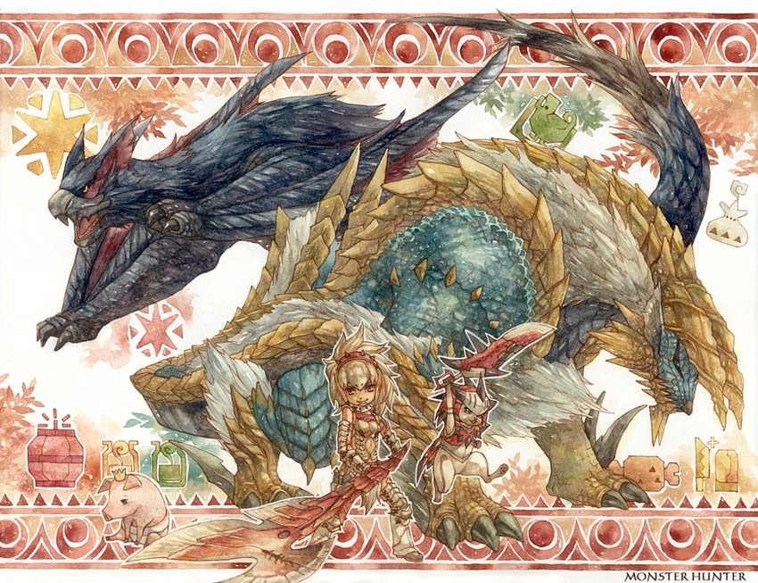 monster hunter, player palico, zinogre, nargacuga, and poogie (monster hunter and 1 more) drawn by ano_(anomiya)