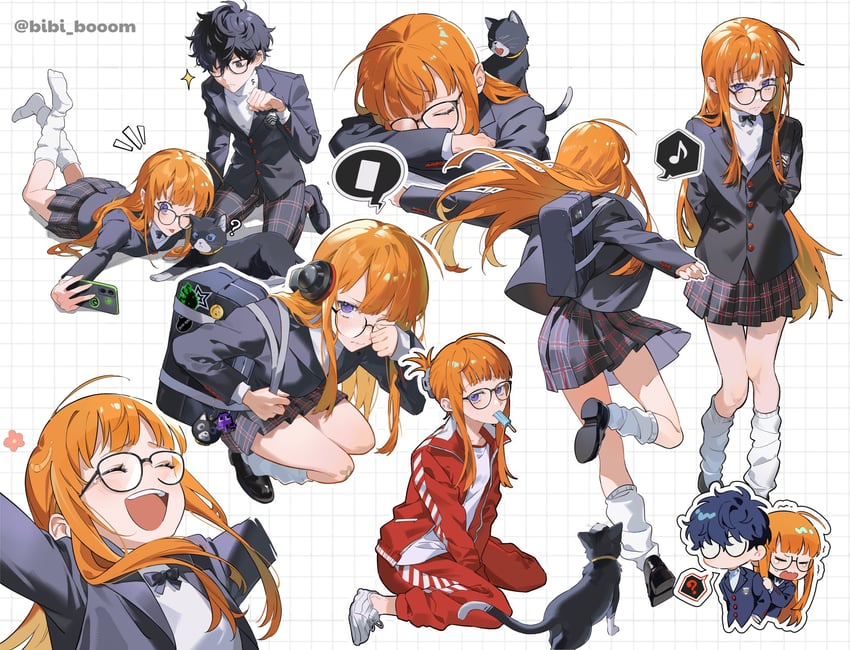 amamiya ren, sakura futaba, and morgana (persona and 1 more) drawn by bibi_booom
