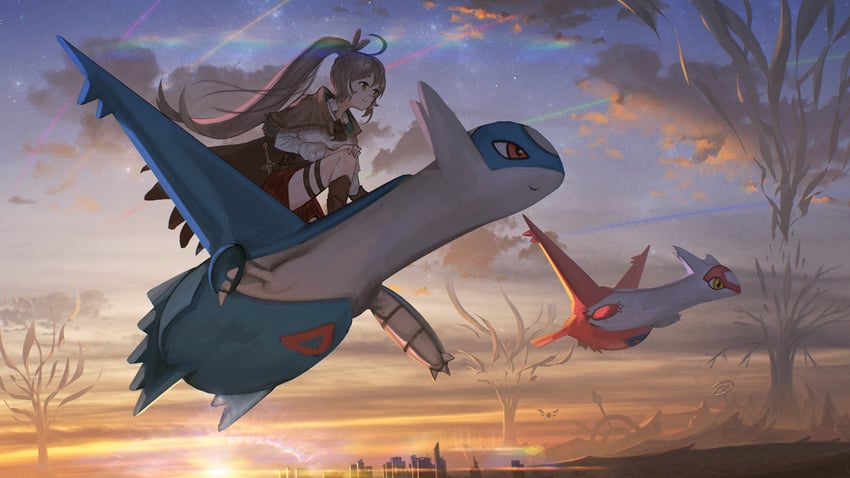 nanashi mumei, latias, and latios (pokemon and 2 more) drawn by advarcher