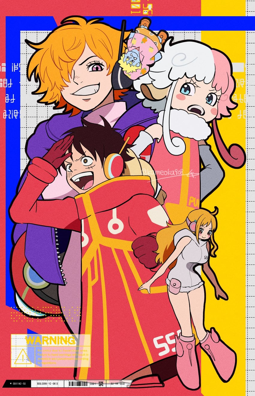 nami, monkey d. luffy, jinbe, vegapunk lilith, and vegapunk atlas (one piece) drawn by kameoka908