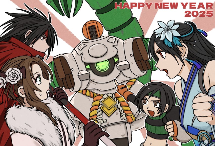 tifa lockhart, aerith gainsborough, yuffie kisaragi, and vincent valentine (final fantasy and 2 more) drawn by s_m_man