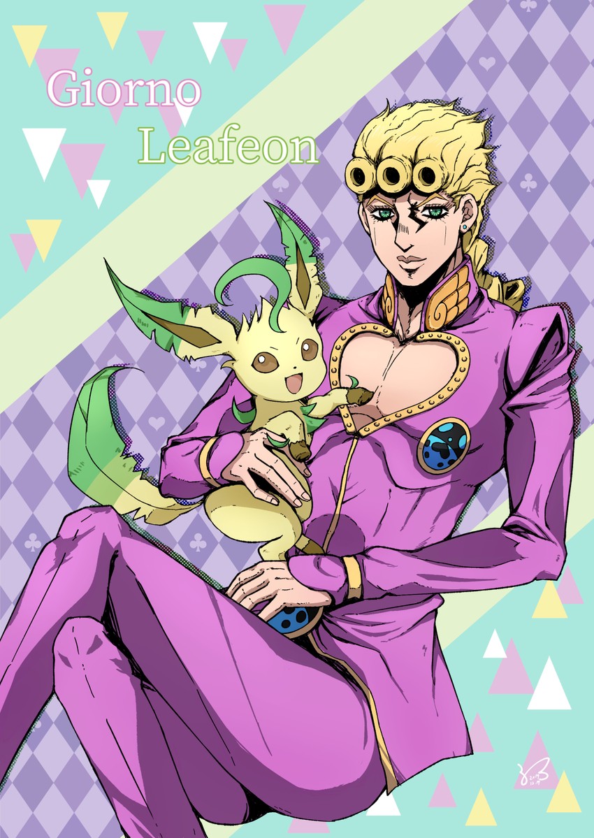 giorno giovanna and leafeon (pokemon and 1 more) drawn by kogawa_(kris_386k)