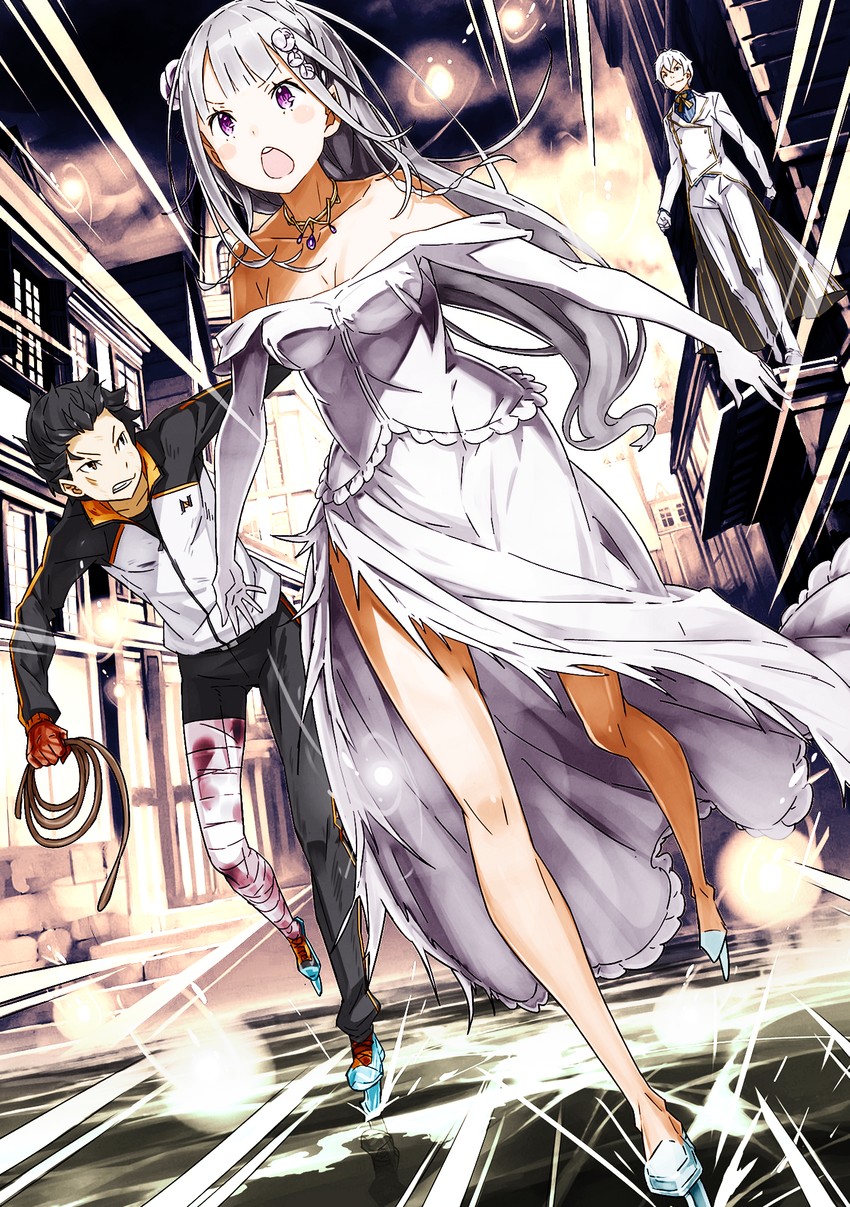 emilia, natsuki subaru, and regulus corneas (re:zero kara hajimeru isekai seikatsu) drawn by ddukae and ootsuka_shin'ichirou