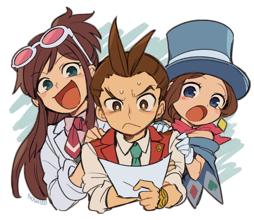 apollo justice, trucy wright, and ema skye (ace attorney and 1 more) drawn by nono_(norabi)