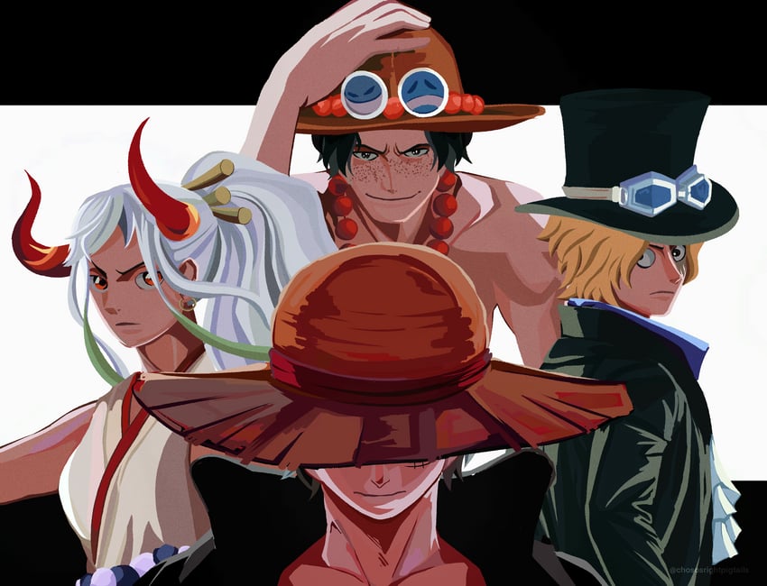 monkey d. luffy, yamato, portgas d. ace, and sabo (one piece) drawn by chosospigtails
