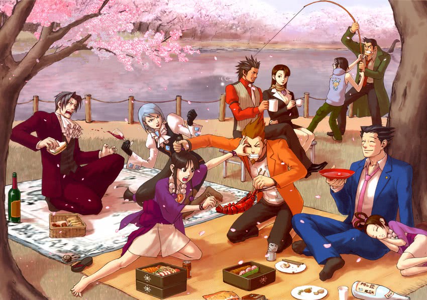 phoenix wright, miles edgeworth, maya fey, franziska von karma, dick gumshoe, and 5 more (ace attorney and 1 more) drawn by edaki_shin'ya