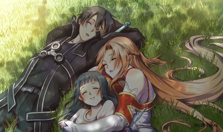 asuna, kirito, and yui (sword art online) drawn by suzurika26
