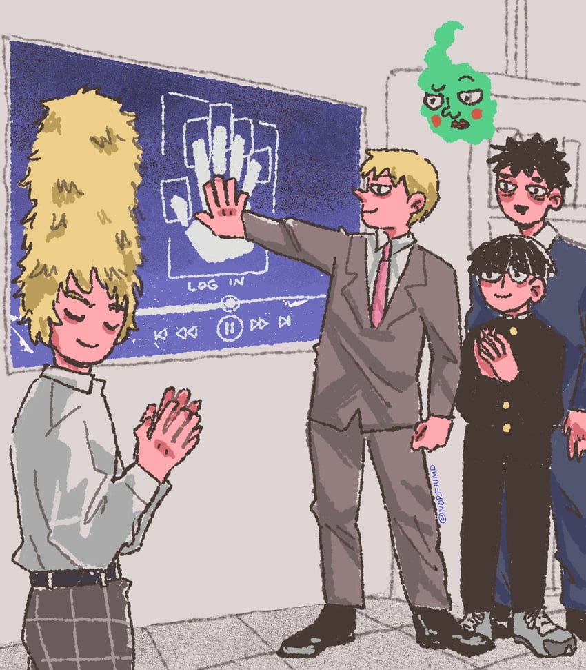 kageyama shigeo, reigen arataka, ekubo, hanazawa teruki, and serizawa katsuya (mob psycho 100) drawn by morfiumd
