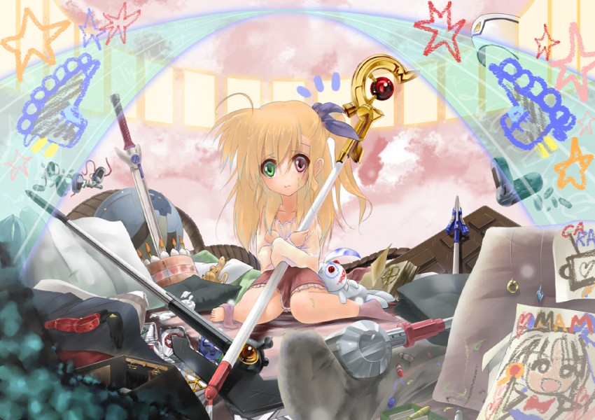 raising heart, vivio, yuuno scrya, graf eisen, laevatein, and 5 more (lyrical nanoha and 2 more) drawn by yuzu_machi_(e-lse)