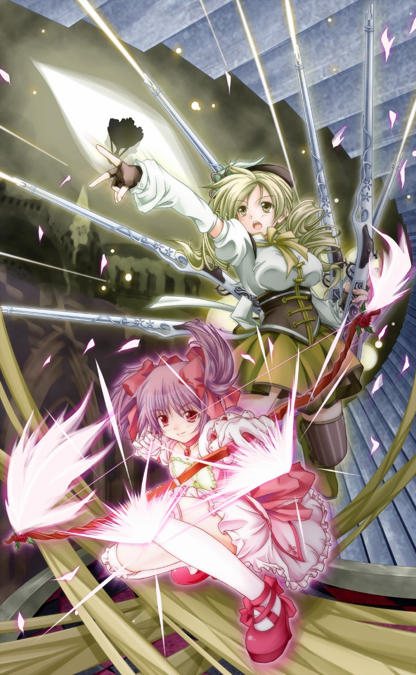 kaname madoka, tomoe mami, and walpurgisnacht (mahou shoujo madoka magica) drawn by tsukineko