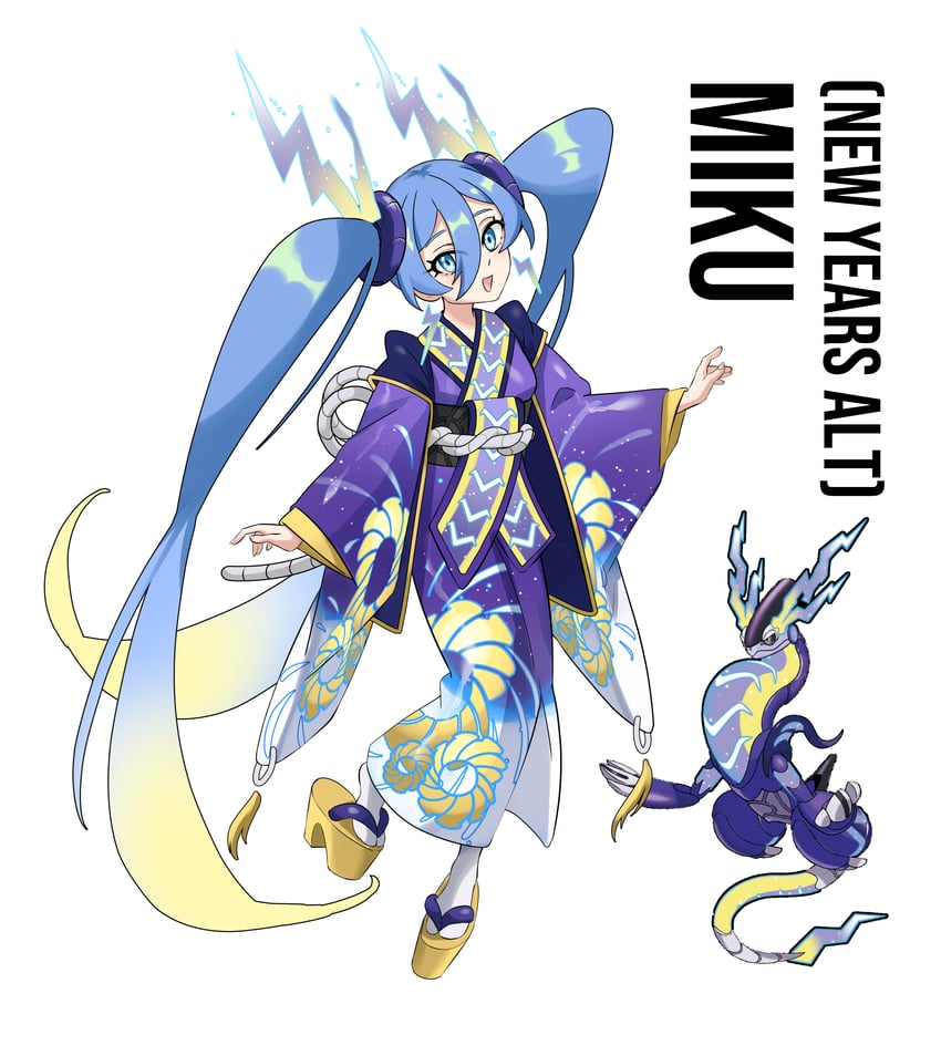 hatsune miku and miraidon (pokemon and 1 more) drawn by rhymewithray